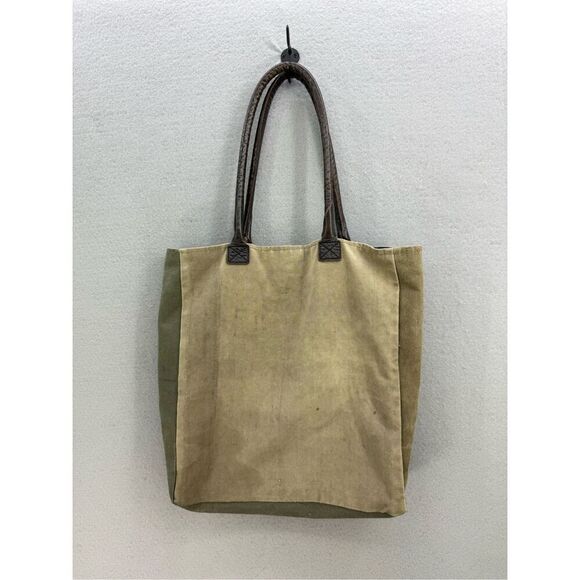 Mona B Womens Khaki Green Leather Upcycled Strapped Canvas USA Tote Bag - Picture 7 of 11